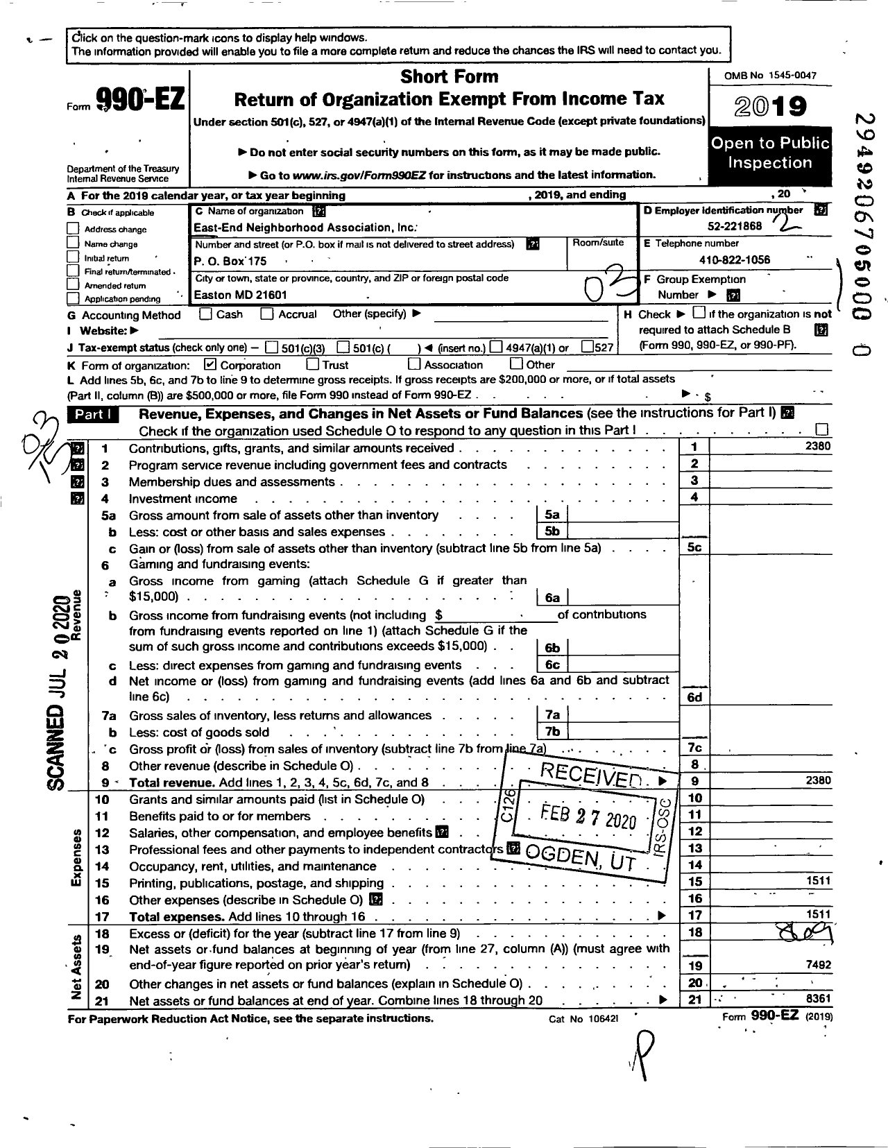 Image of first page of 2019 Form 990EZ for East End Neighborhood Association