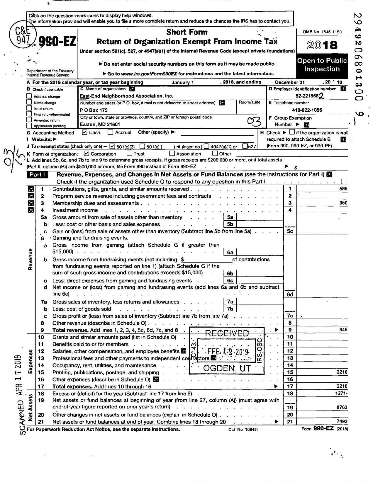 Image of first page of 2018 Form 990EZ for East End Neighborhood Association