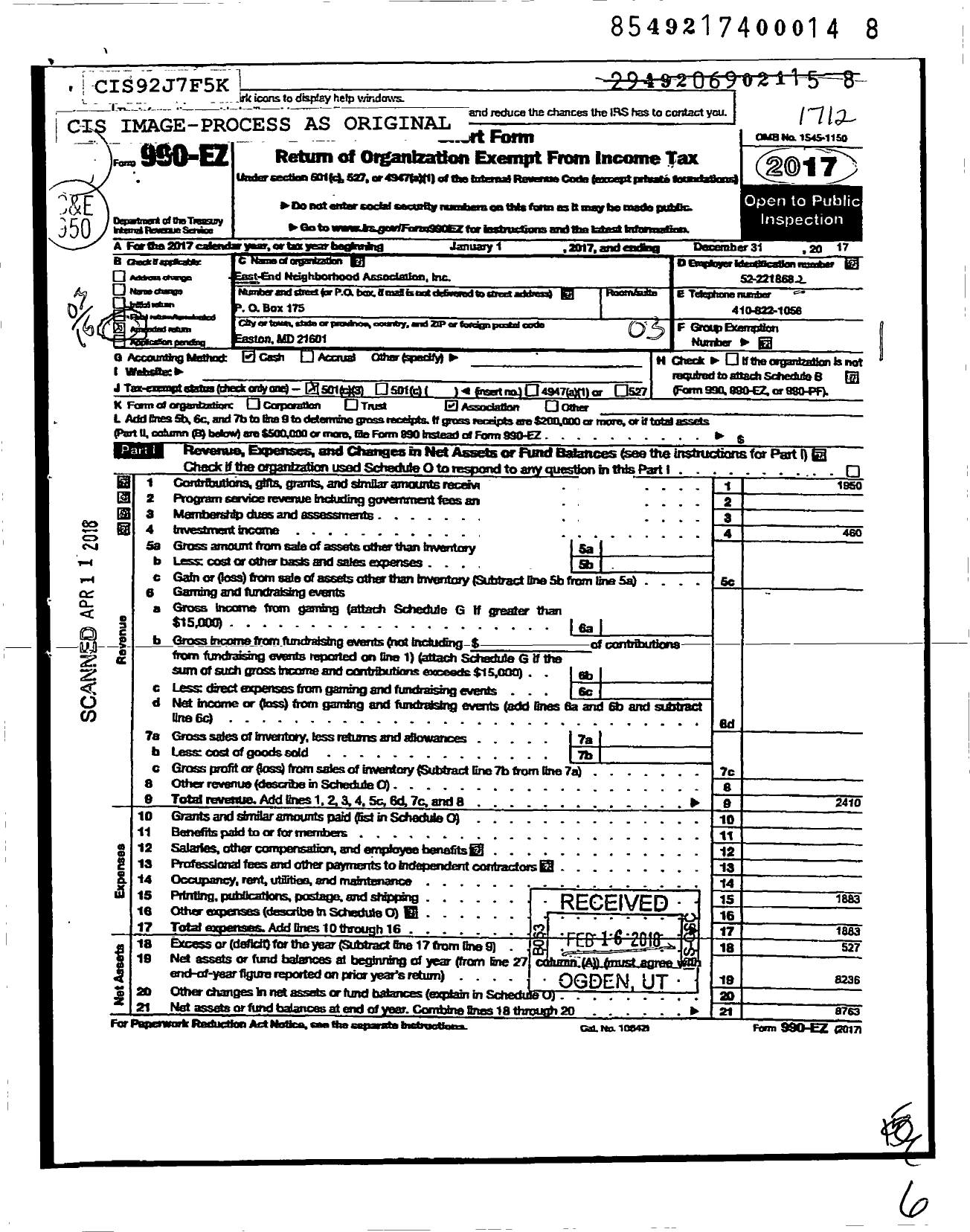 Image of first page of 2017 Form 990EZ for East End Neighborhood Association