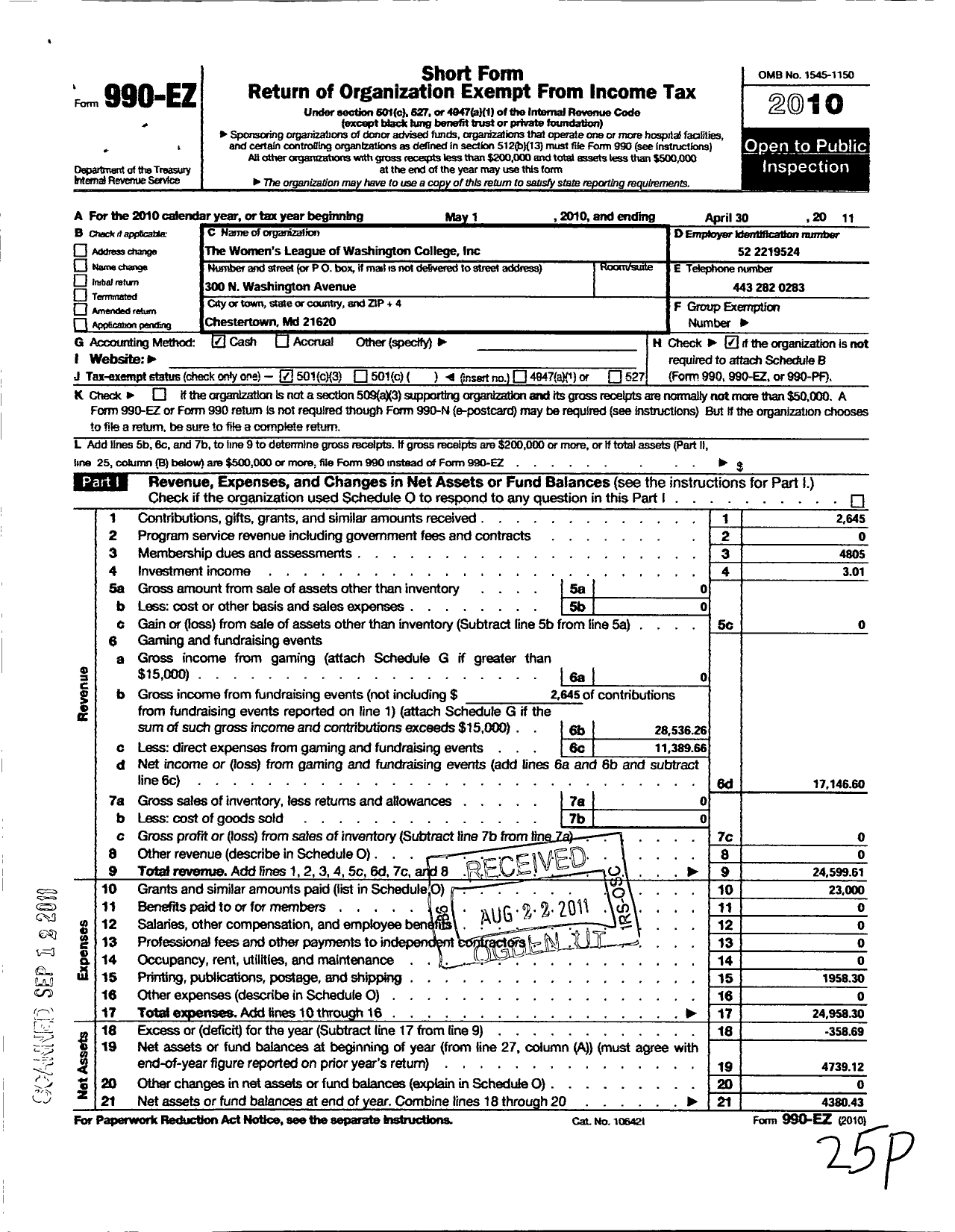 Image of first page of 2010 Form 990EZ for Womens League of Washington College