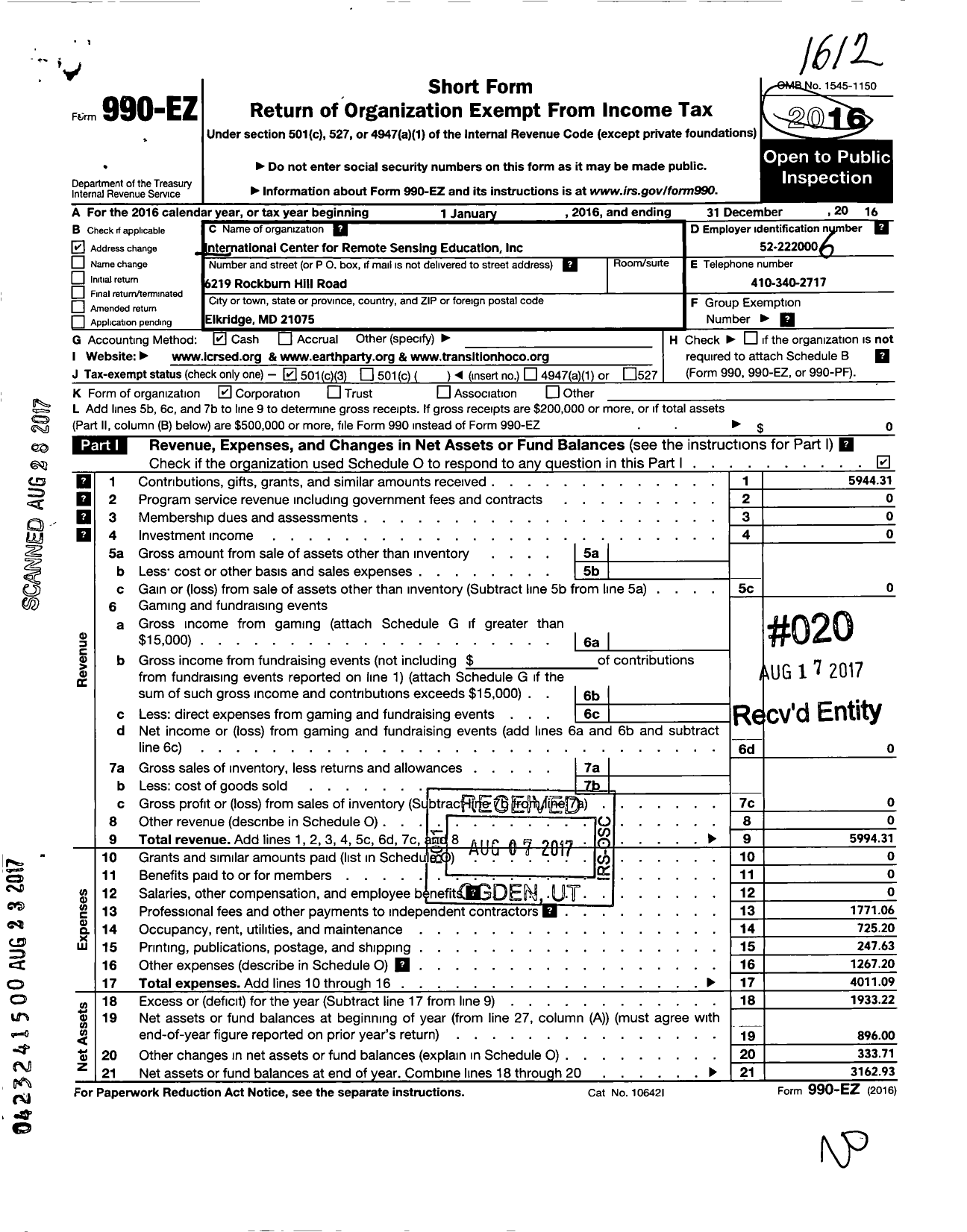 Image of first page of 2016 Form 990EZ for International Center for Remore Sensing Educati0n