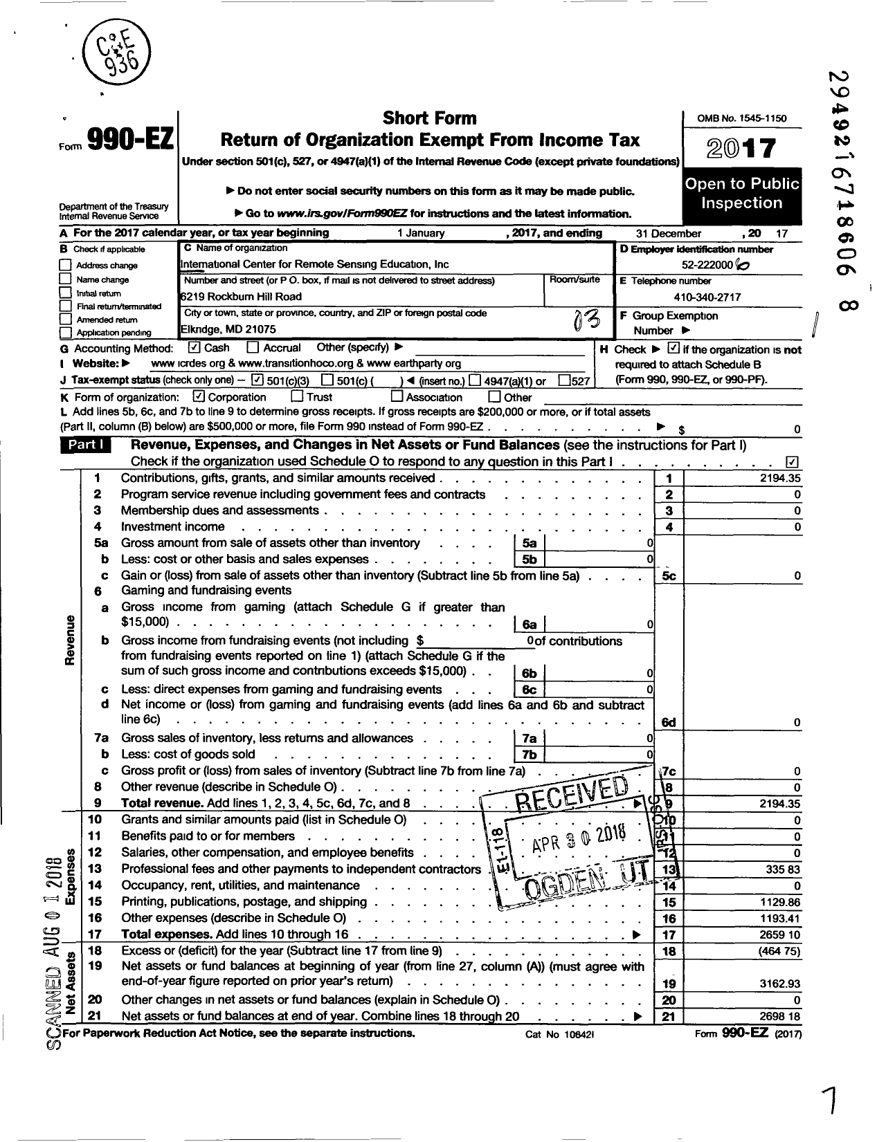 Image of first page of 2017 Form 990EZ for International Center for Remore Sensing Educati0n