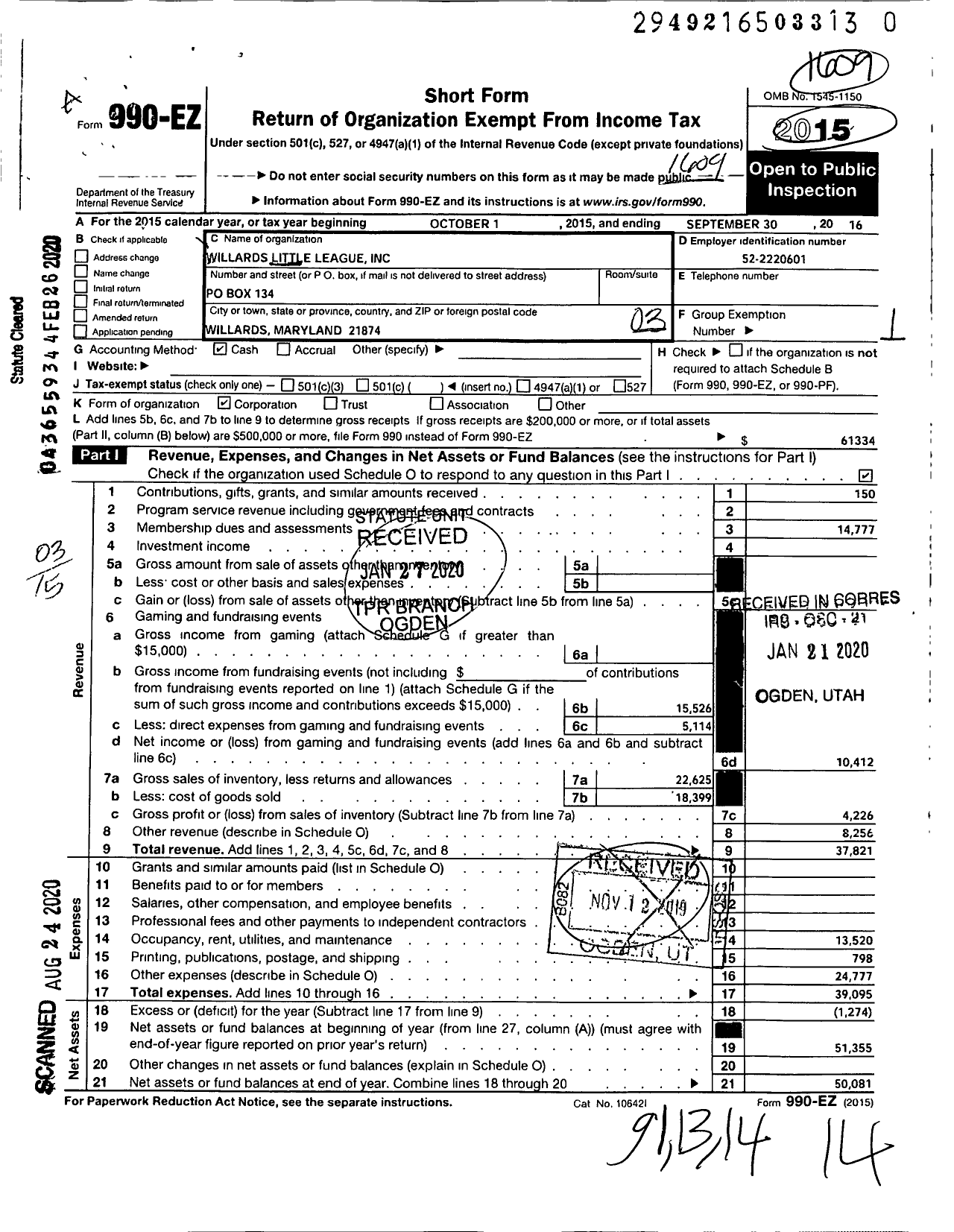 Image of first page of 2015 Form 990EZ for Little League Baseball - 2200810 Willards LL