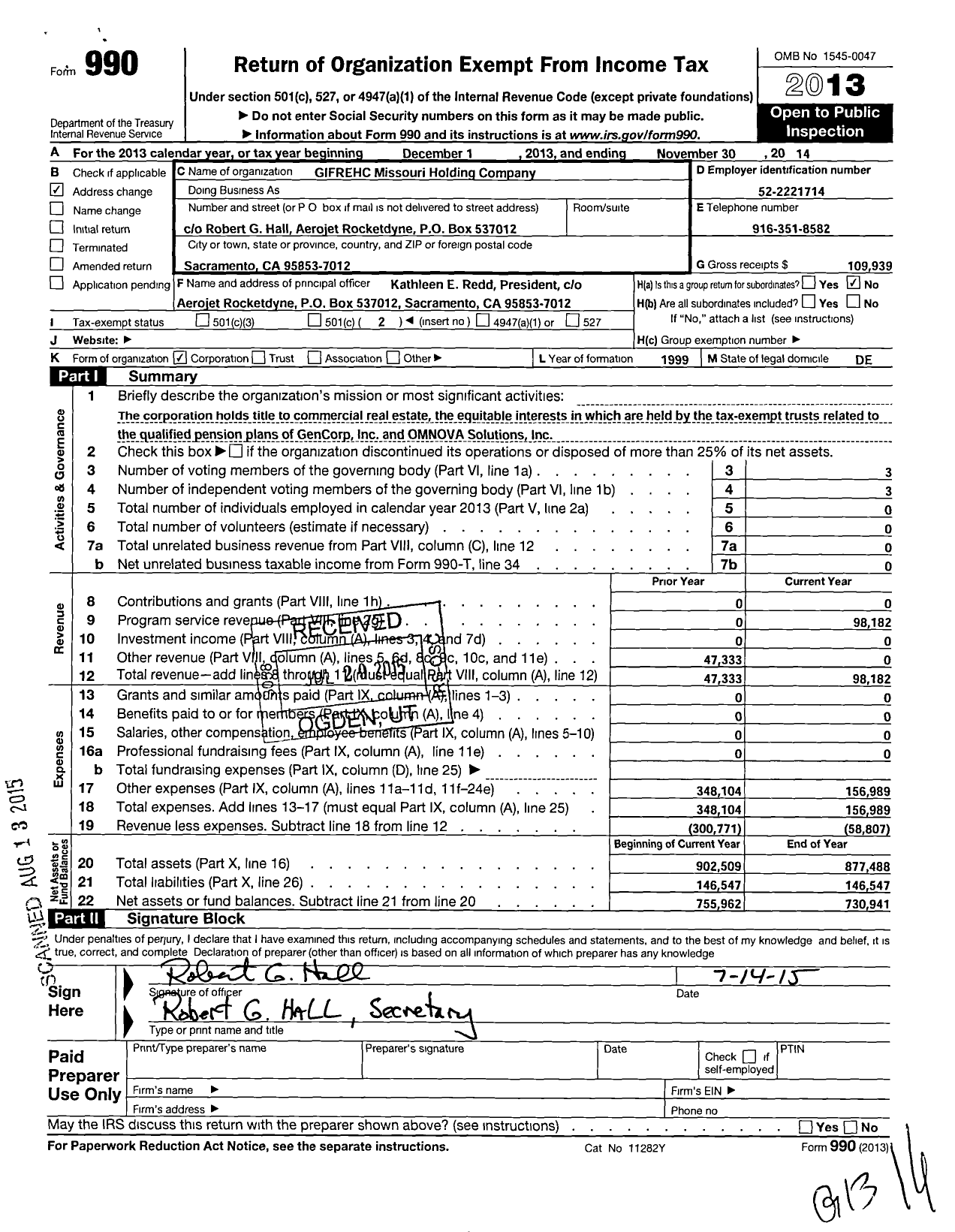 Image of first page of 2013 Form 990O for Gifrehc Missouri Holding Company