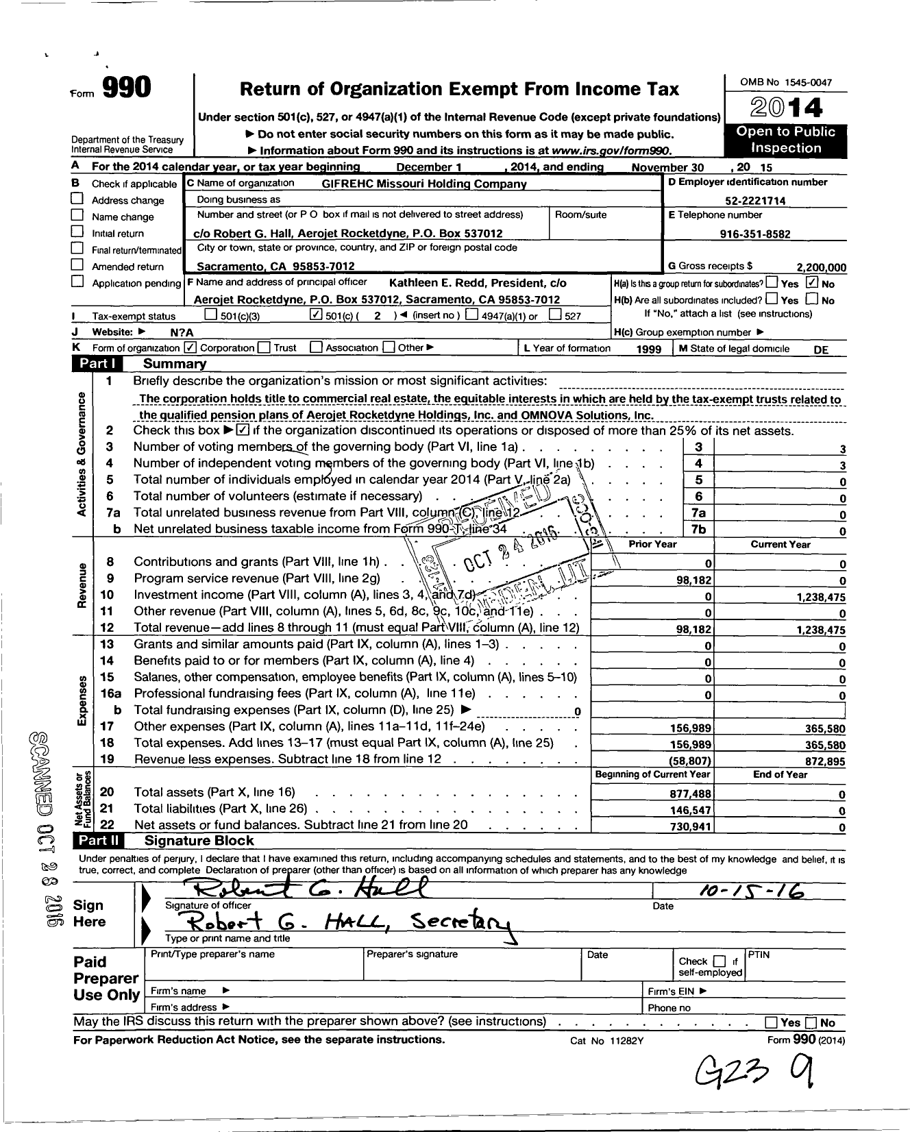 Image of first page of 2014 Form 990O for Gifrehc Missouri Holding Company