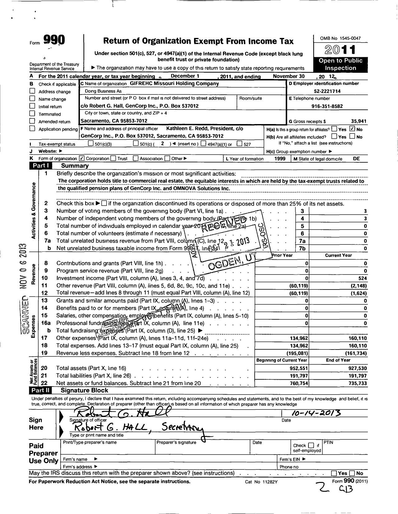 Image of first page of 2011 Form 990O for Gifrehc Missouri Holding Company