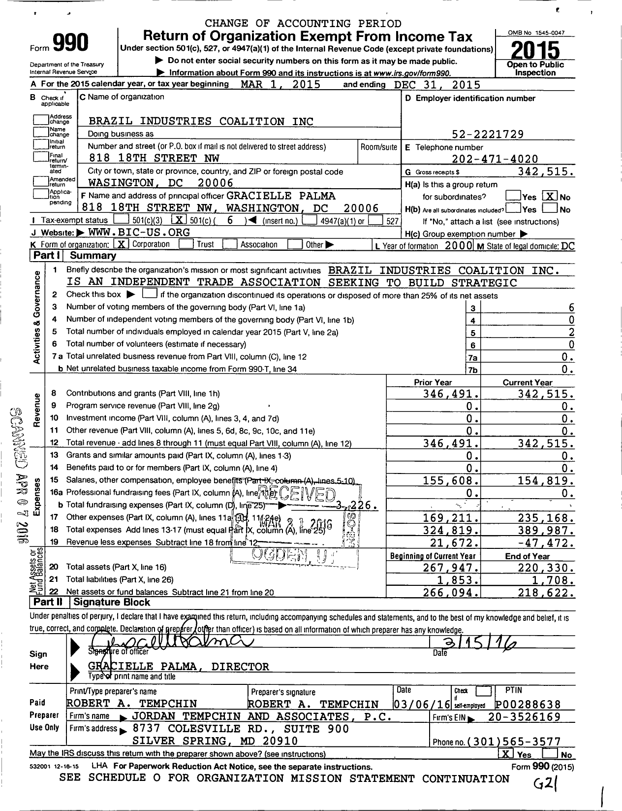 Image of first page of 2015 Form 990O for Brazil Industries Coalition