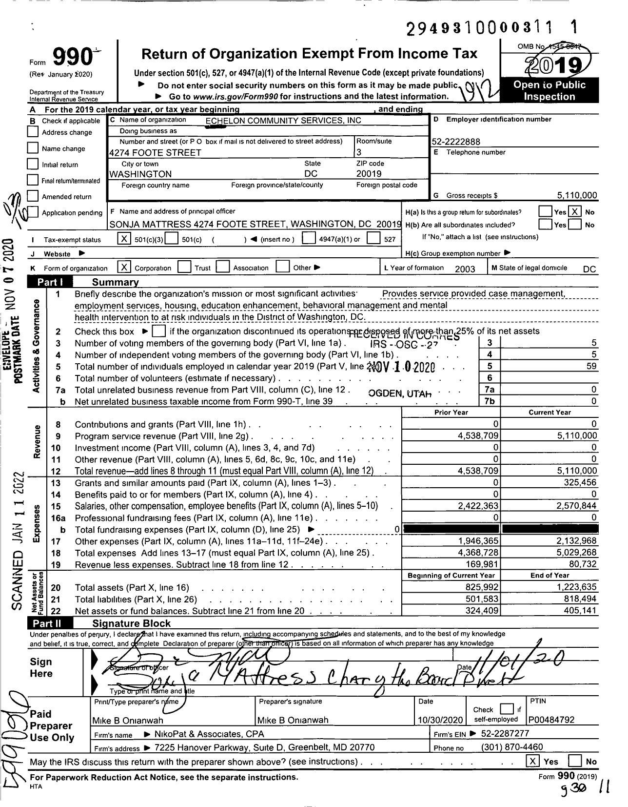 Image of first page of 2019 Form 990 for Echelon Community Services