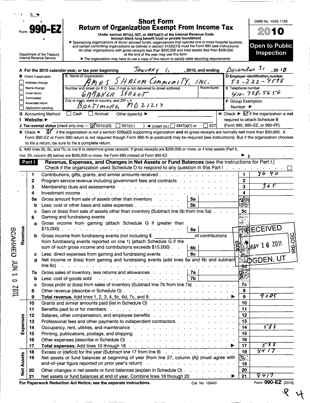 Image of first page of 2010 Form 990EZ for Ames Shalom Community