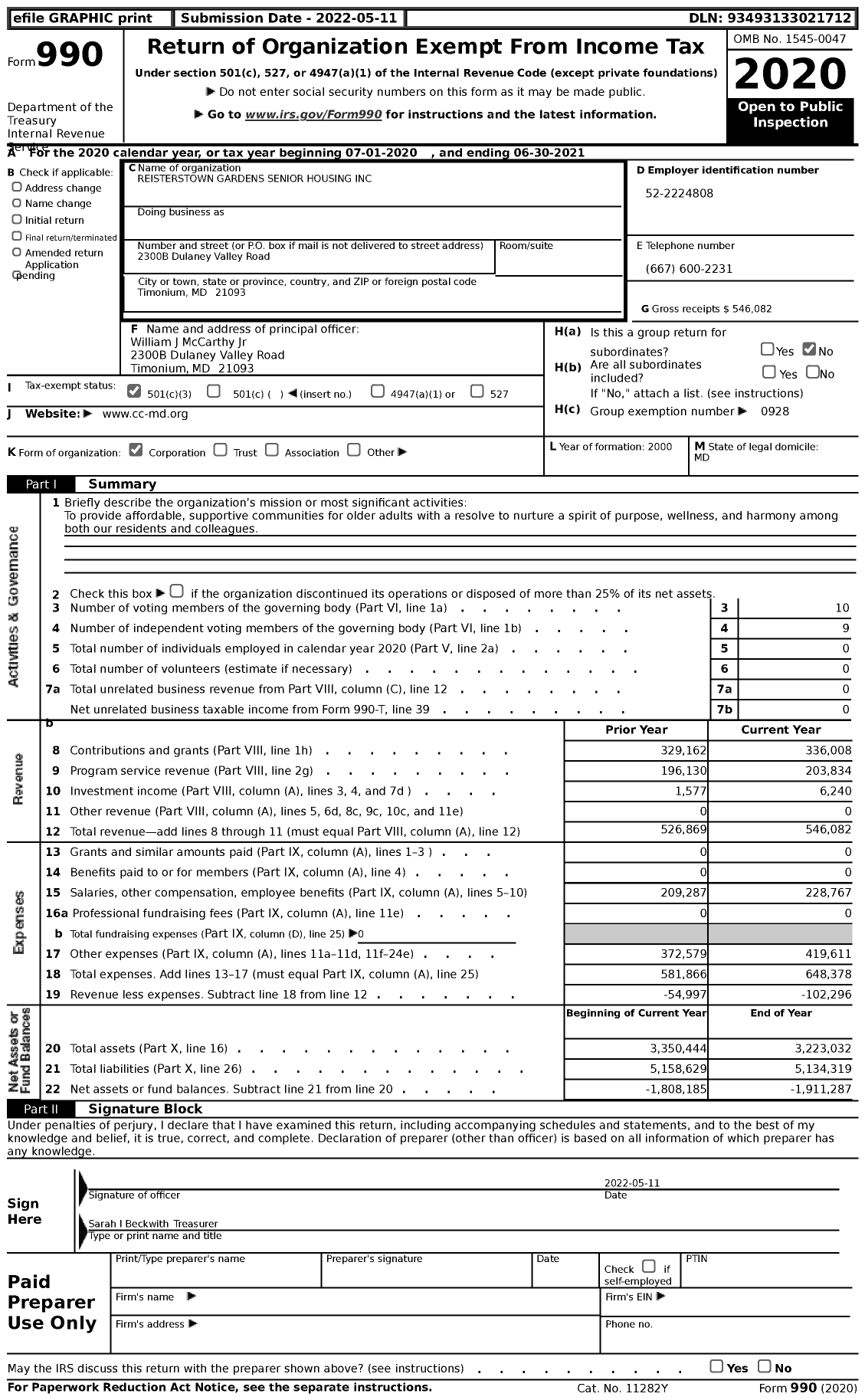 Image of first page of 2020 Form 990 for Reisterstown Gardens Senior Housing