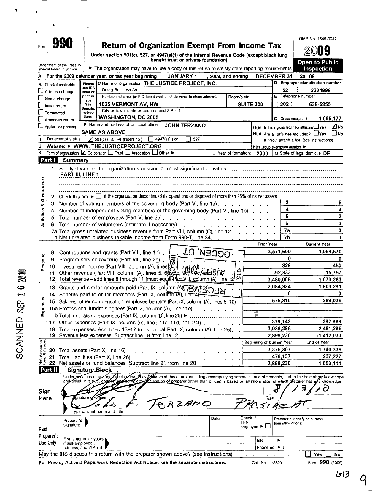 Image of first page of 2009 Form 990O for Justice Project