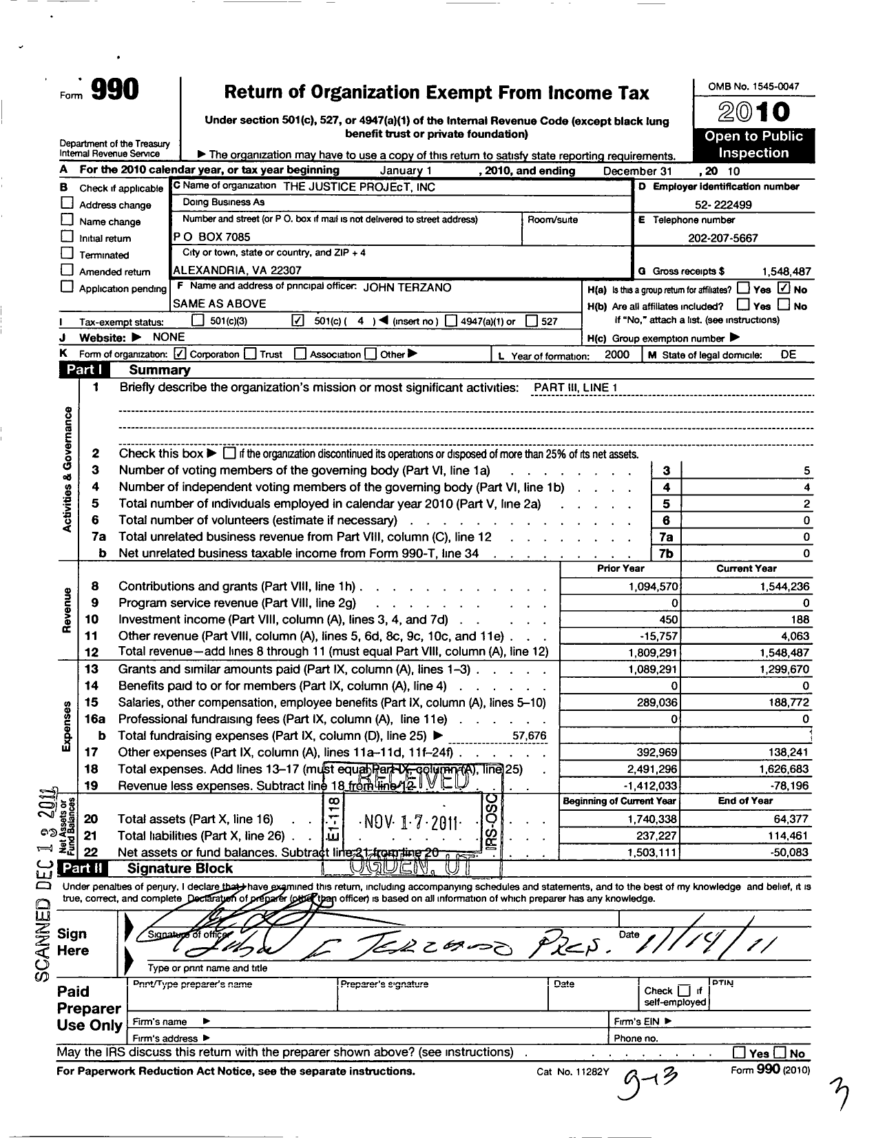 Image of first page of 2010 Form 990O for Justice Project