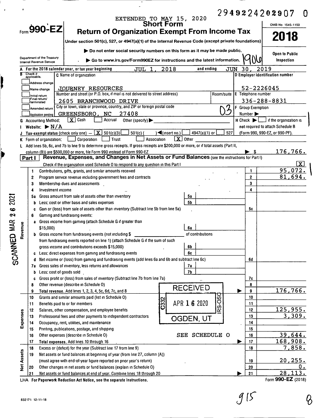 Image of first page of 2018 Form 990EZ for Journey Resources