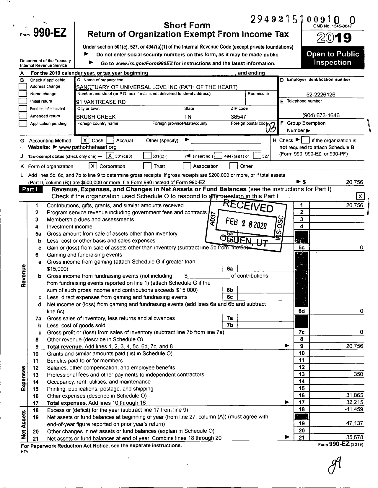 Image of first page of 2019 Form 990EZ for Sanctuary of Universal Love