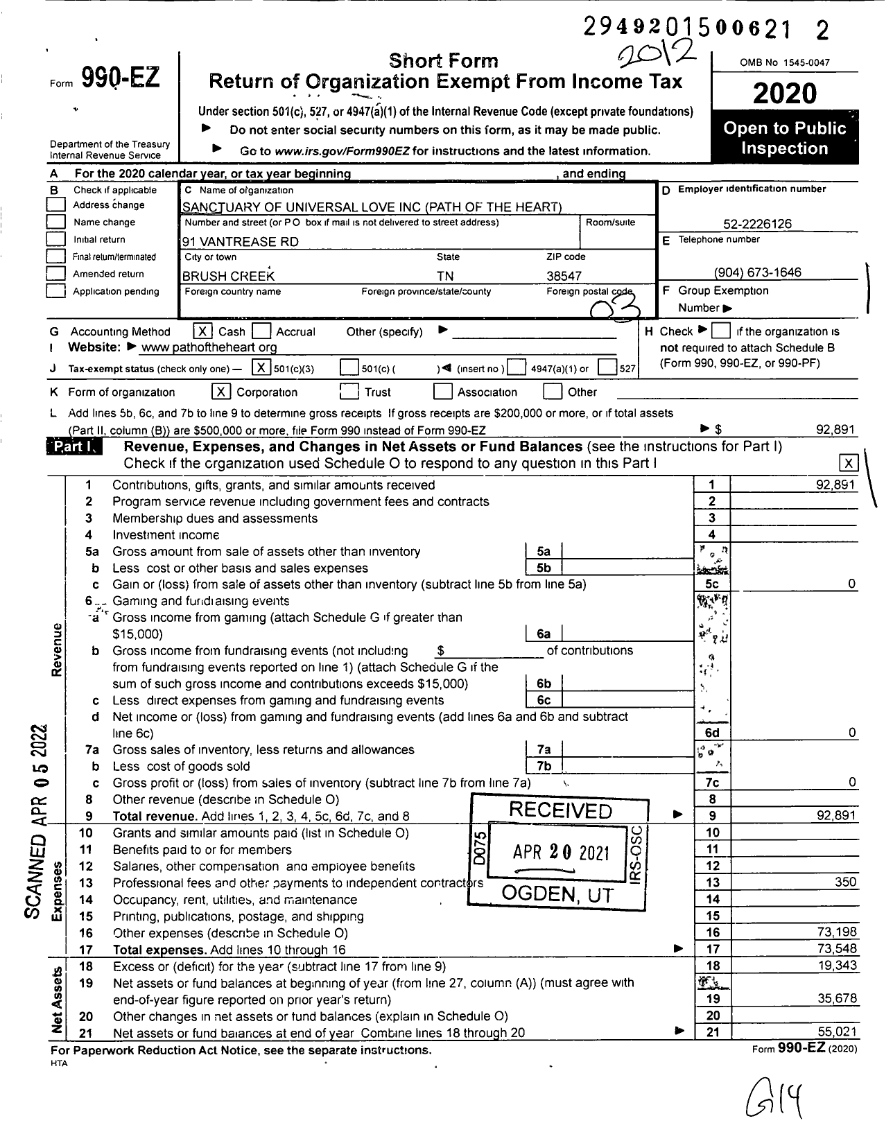 Image of first page of 2020 Form 990EZ for Sanctuary of Universal Love