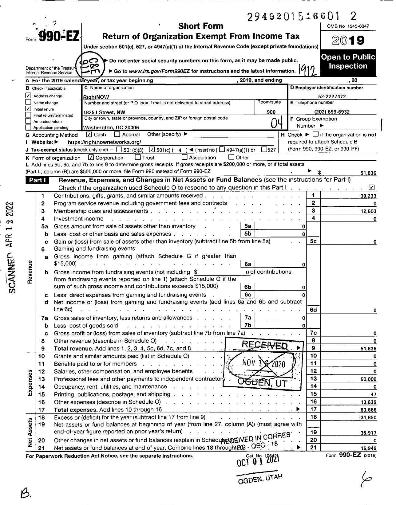 Image of first page of 2019 Form 990EO for RightNOW