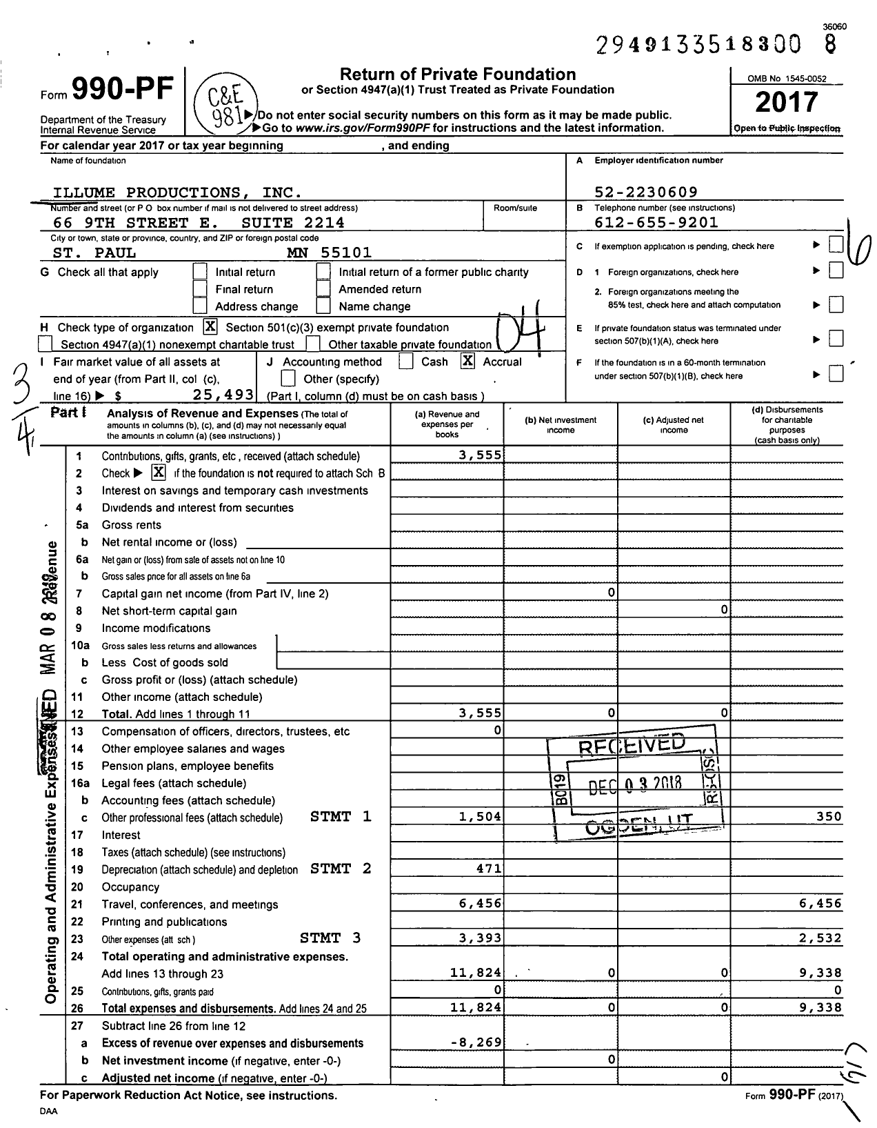 Image of first page of 2017 Form 990PF for illume productions