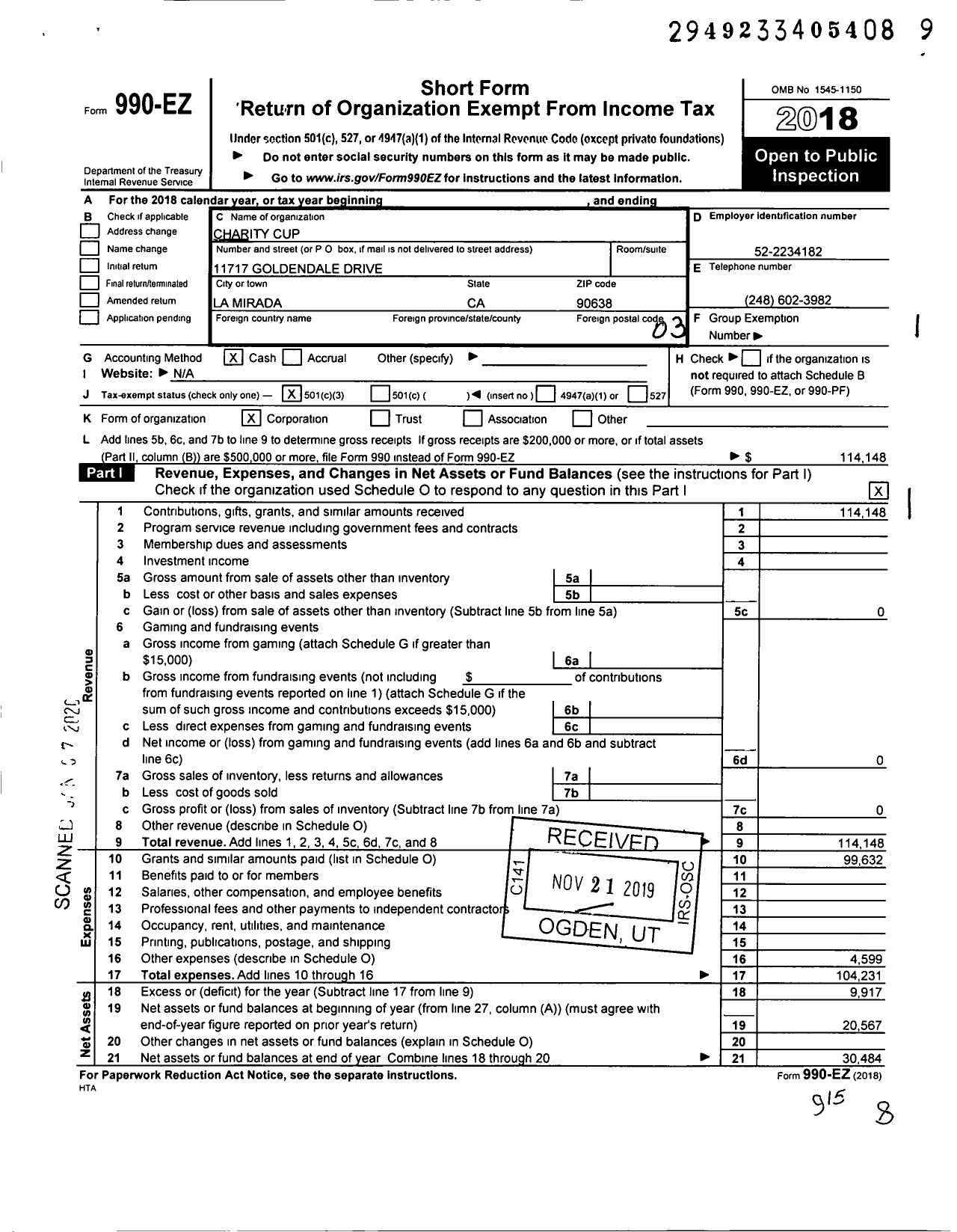 Image of first page of 2018 Form 990EZ for Charith Cup