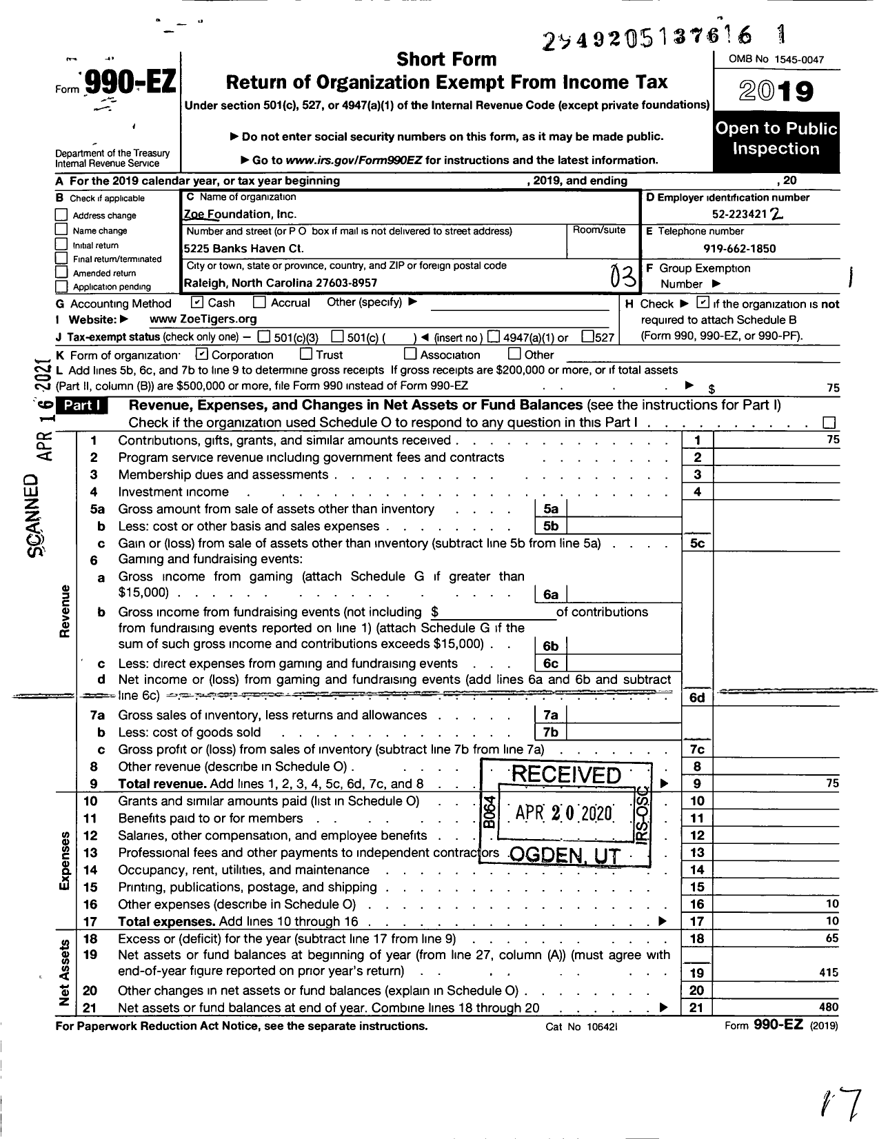 Image of first page of 2019 Form 990EZ for Zoe Foundation