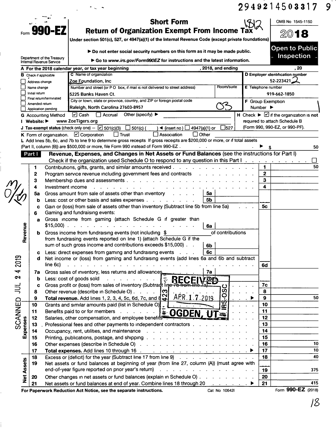 Image of first page of 2018 Form 990EZ for Zoe Foundation