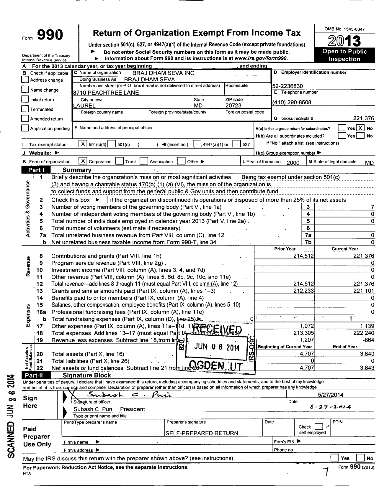 Image of first page of 2013 Form 990 for Braj Dham Seva