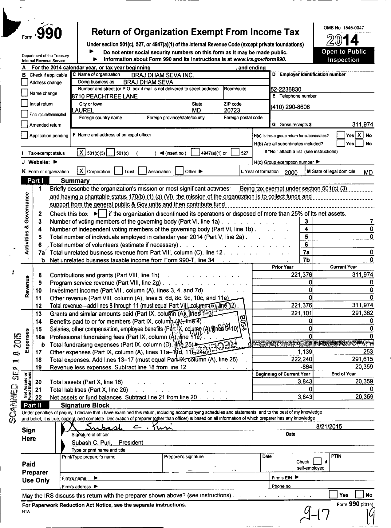 Image of first page of 2014 Form 990 for Braj Dham Seva