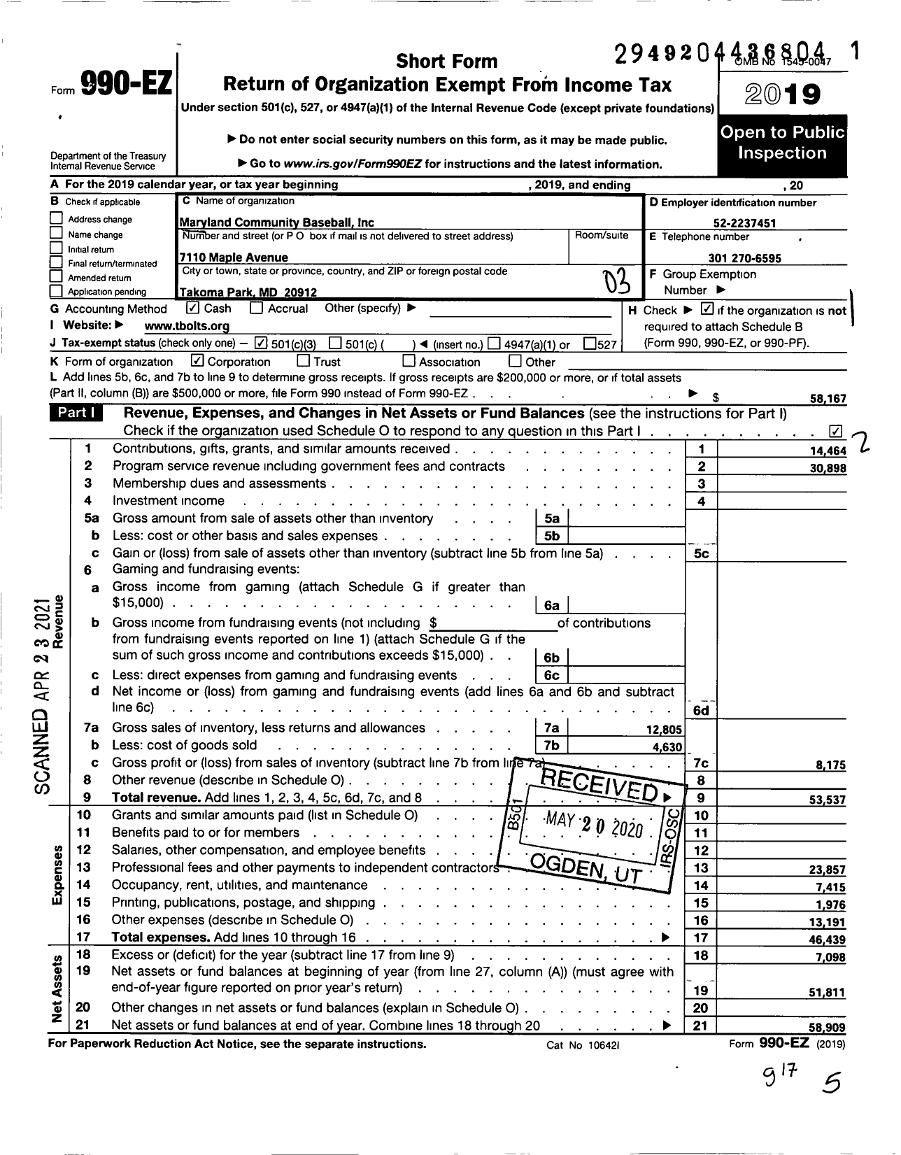 Image of first page of 2019 Form 990EZ for Maryland Community Baseball