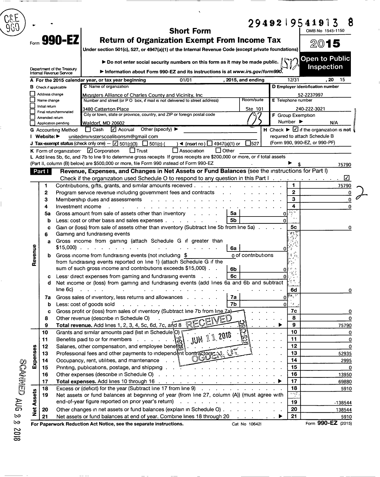 Image of first page of 2015 Form 990EZ for Ministers Alliance of Charles County and Vicinity