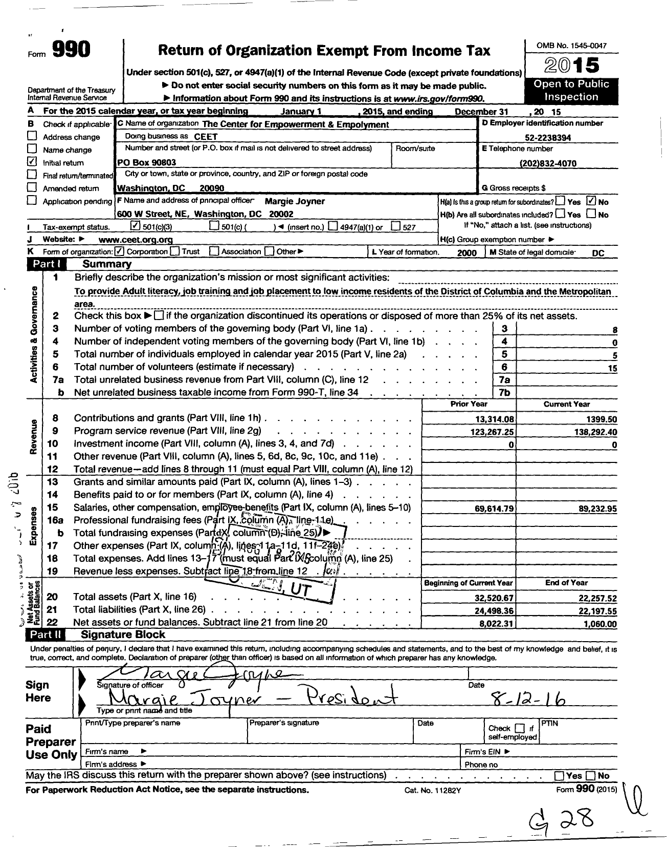 Image of first page of 2015 Form 990 for Center for Empowerment and Employment Training