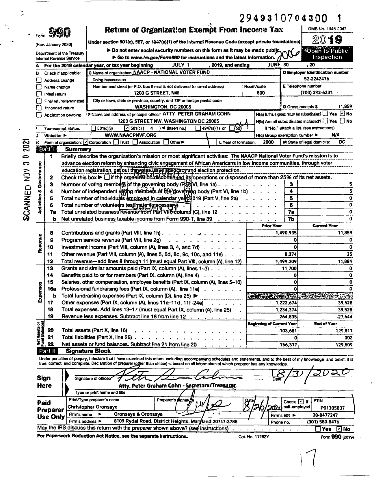 Image of first page of 2019 Form 990O for Naacp National Voter Fund