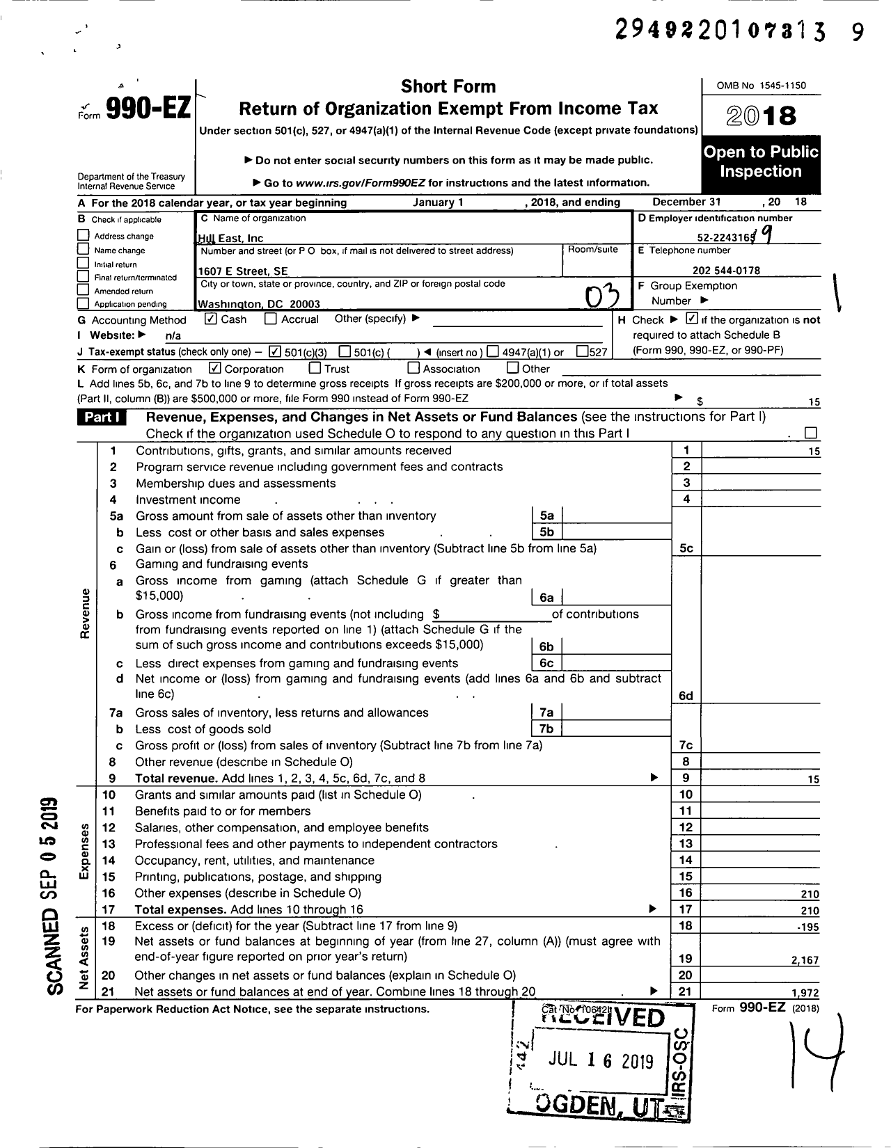 Image of first page of 2018 Form 990EZ for Hill East