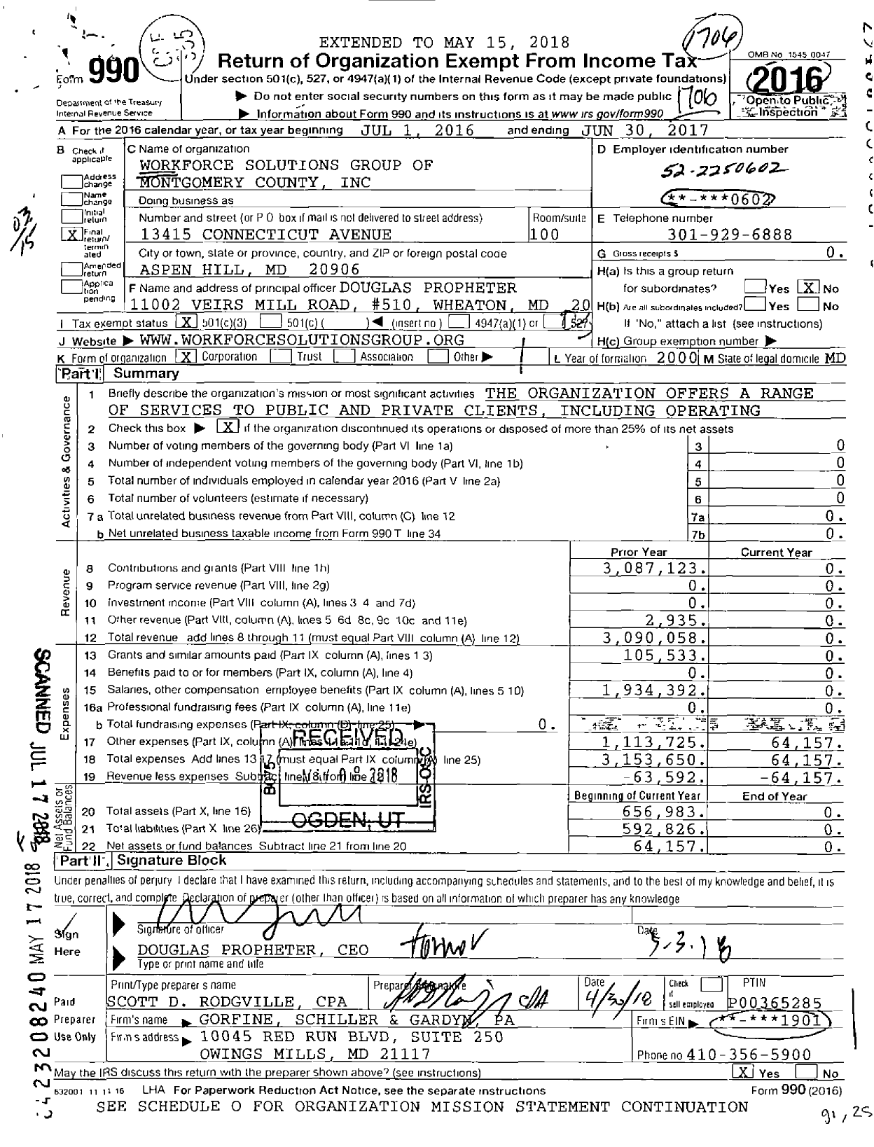 Image of first page of 2016 Form 990 for Workforce Solutions Group of Montgomery County
