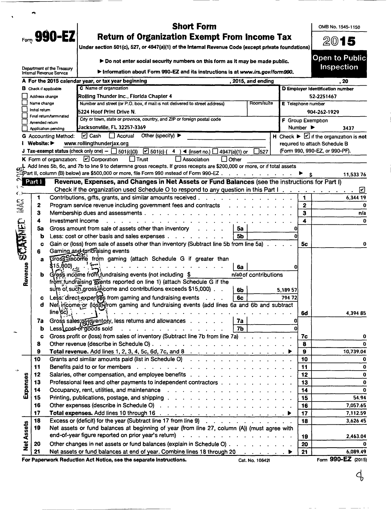 Image of first page of 2015 Form 990EO for Rolling Thunder - R T Chap 4 FL