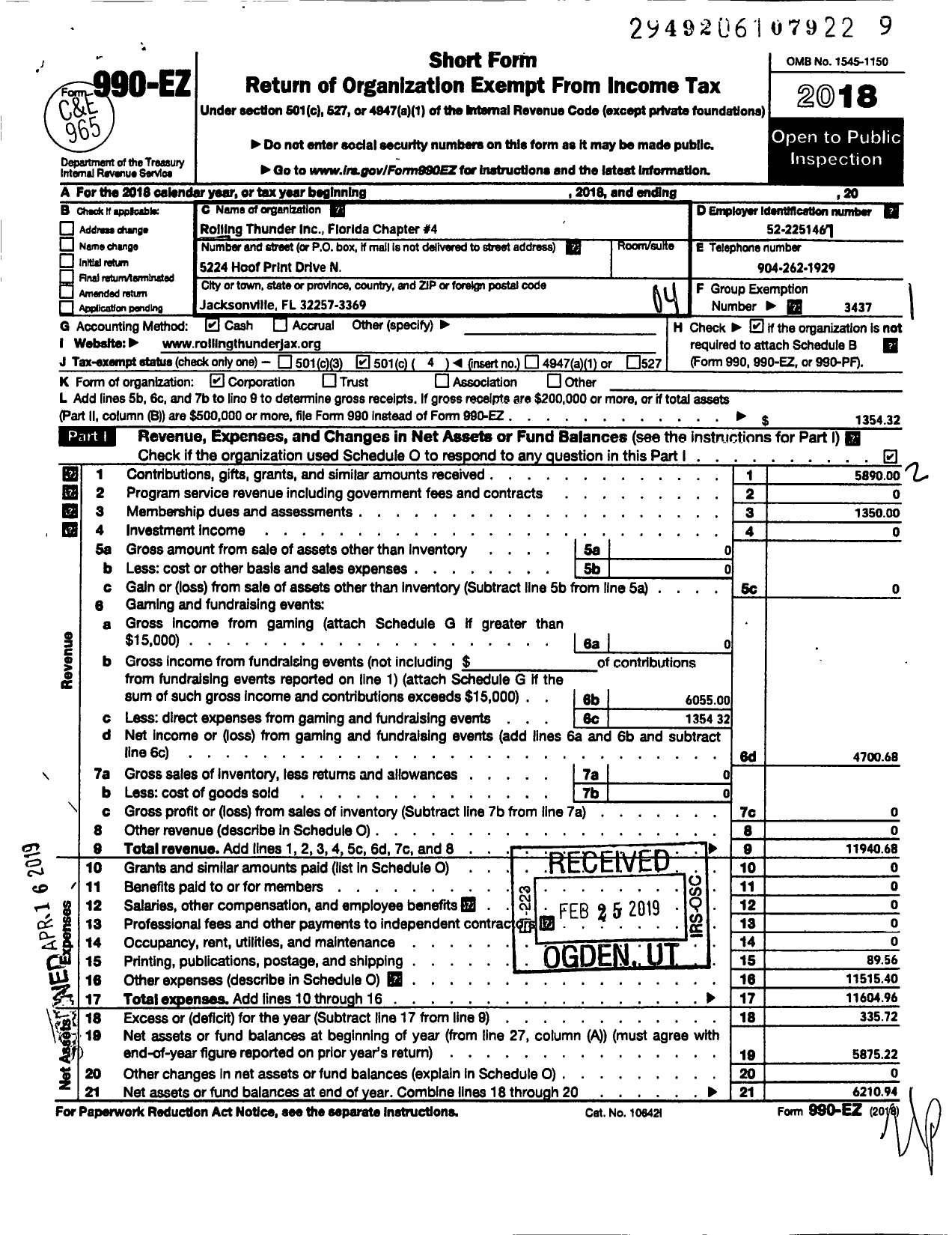 Image of first page of 2018 Form 990EO for Rolling Thunder - R T Chap 4 FL