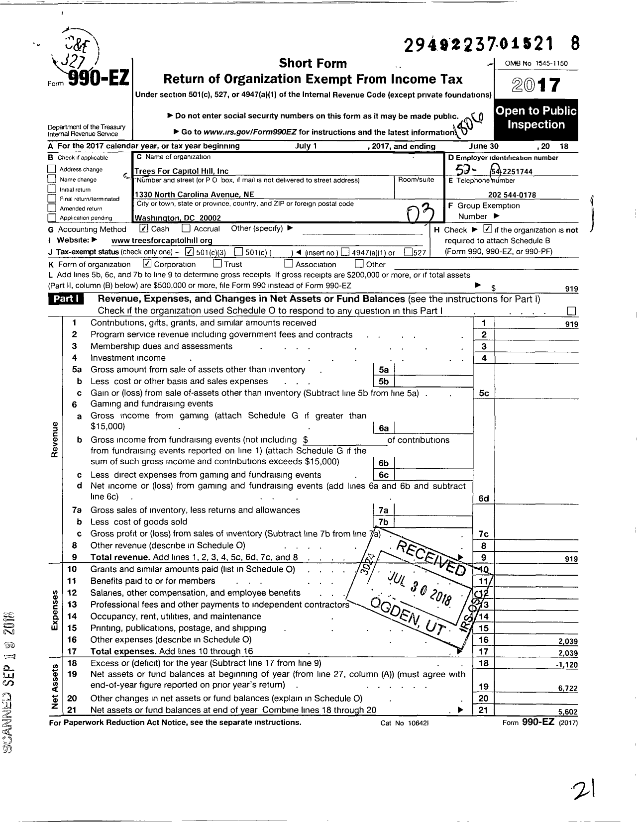 Image of first page of 2017 Form 990EZ for Trees for Capitol Hill