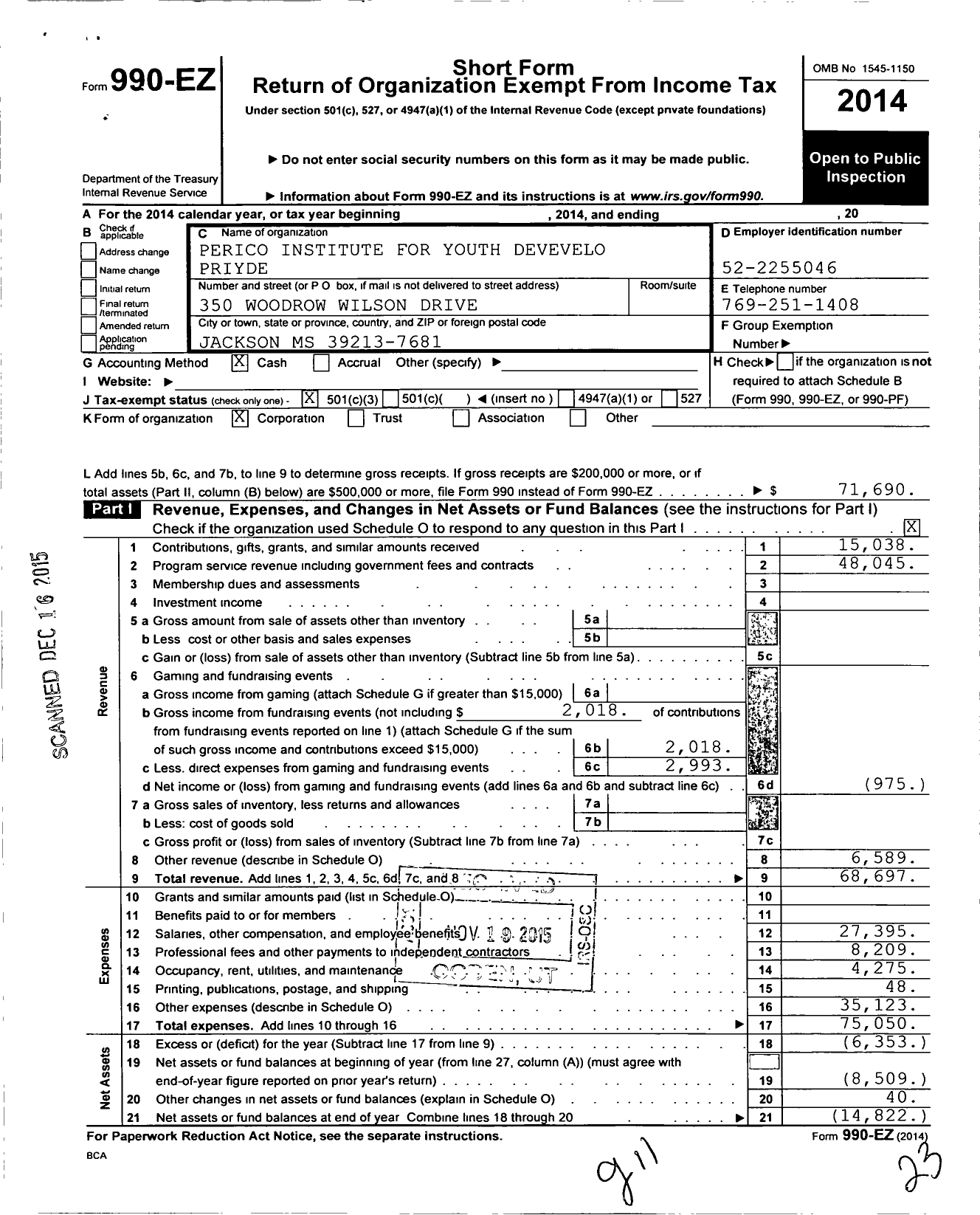 Image of first page of 2014 Form 990EZ for Perico Institute for Youth Devevelo