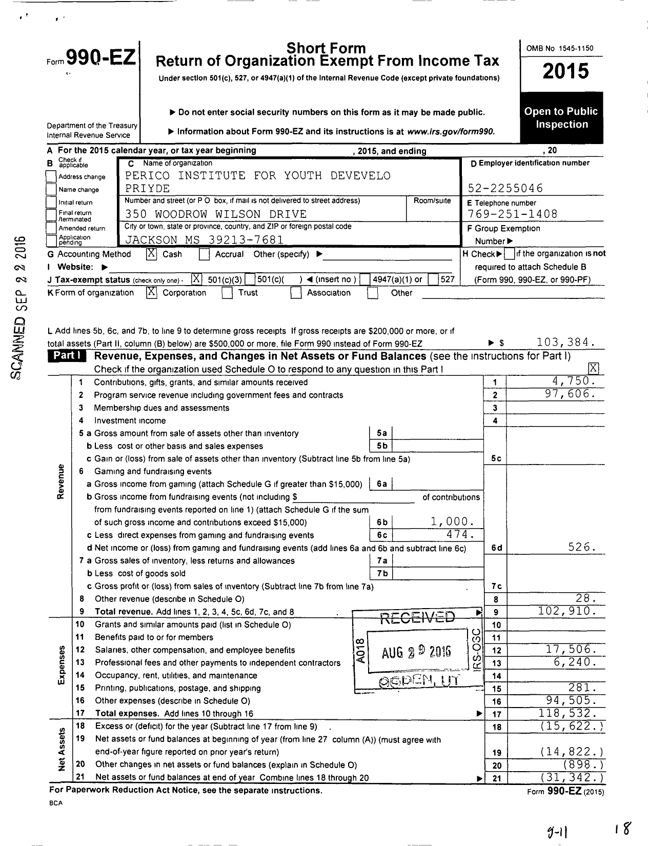 Image of first page of 2015 Form 990EZ for Perico Institute for Youth Devevelo