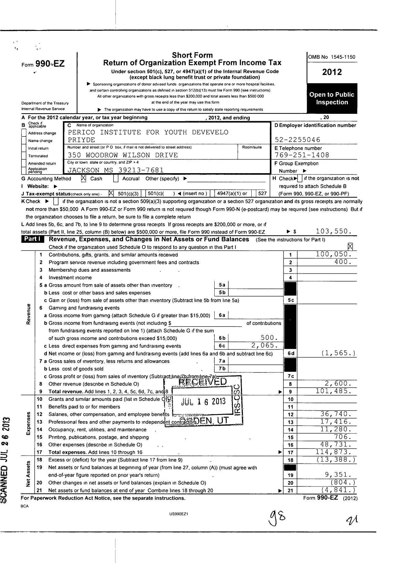 Image of first page of 2012 Form 990EZ for Perico Institute for Youth Devevelo