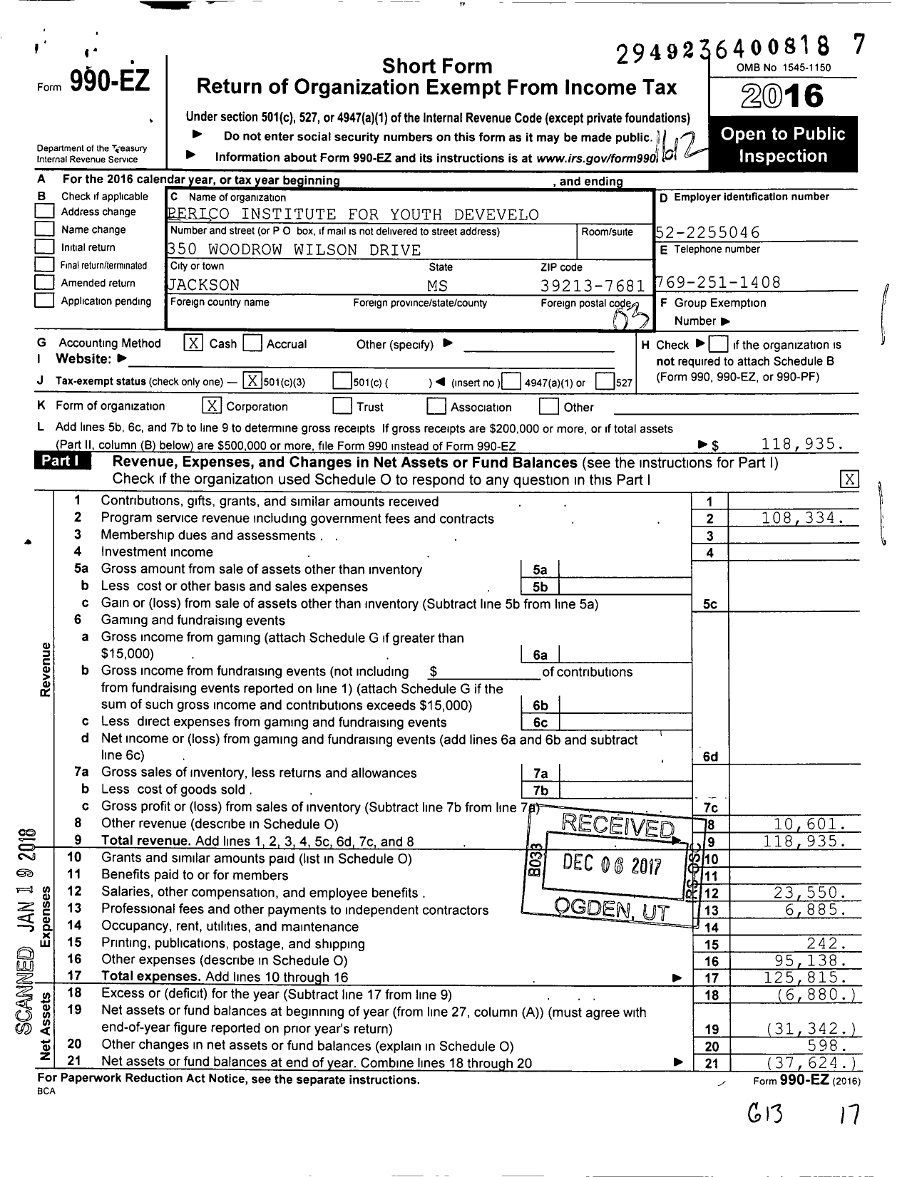 Image of first page of 2016 Form 990EZ for Perico Institute for Youth Devevelo