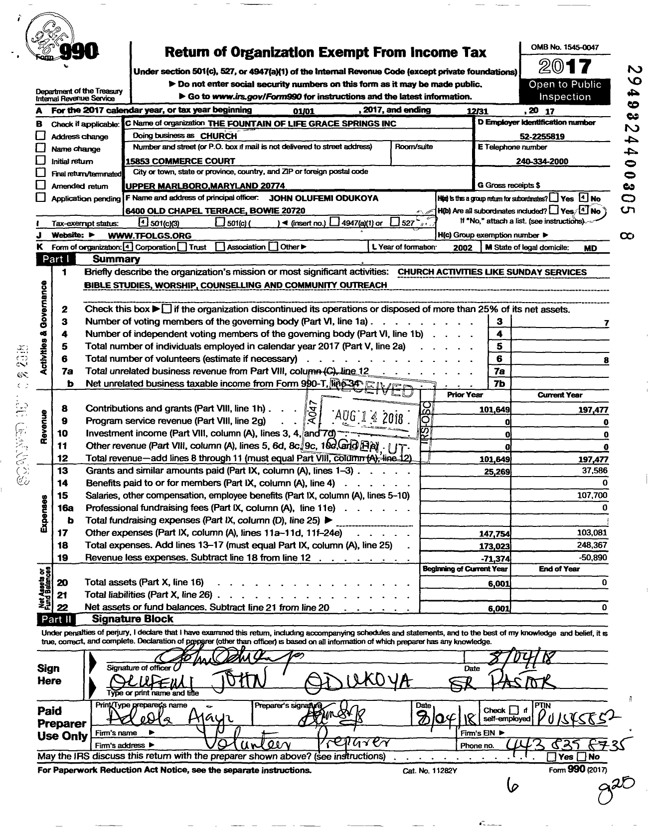 Image of first page of 2017 Form 990 for Fountain of Life Grace Springs Church