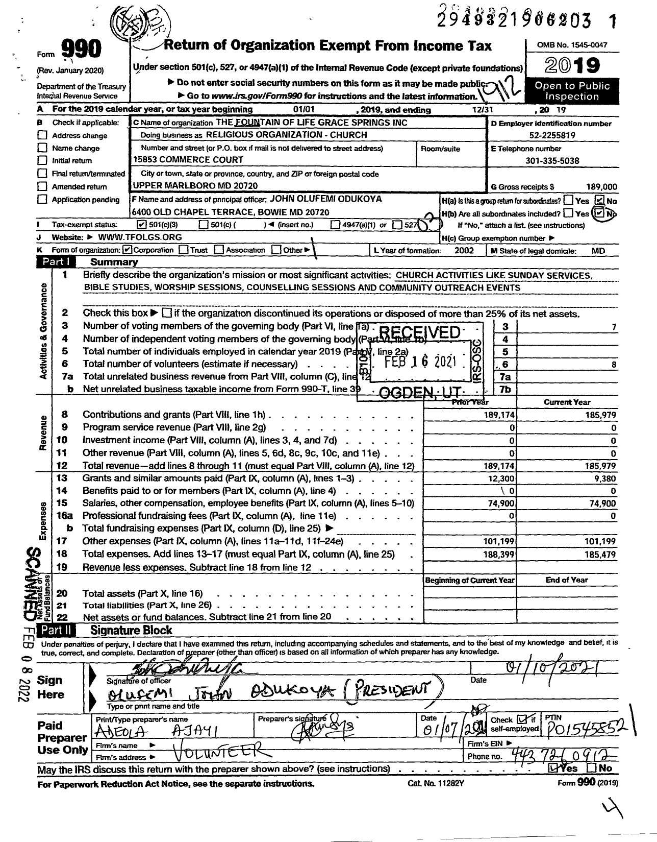 Image of first page of 2019 Form 990 for Fountain of Life Grace Springs Church