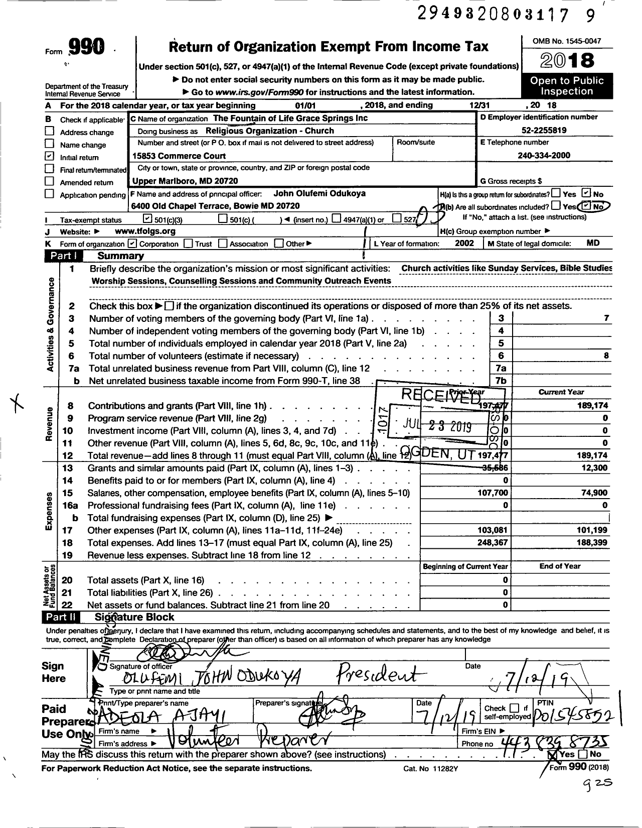 Image of first page of 2018 Form 990 for Fountain of Life Grace Springs Church