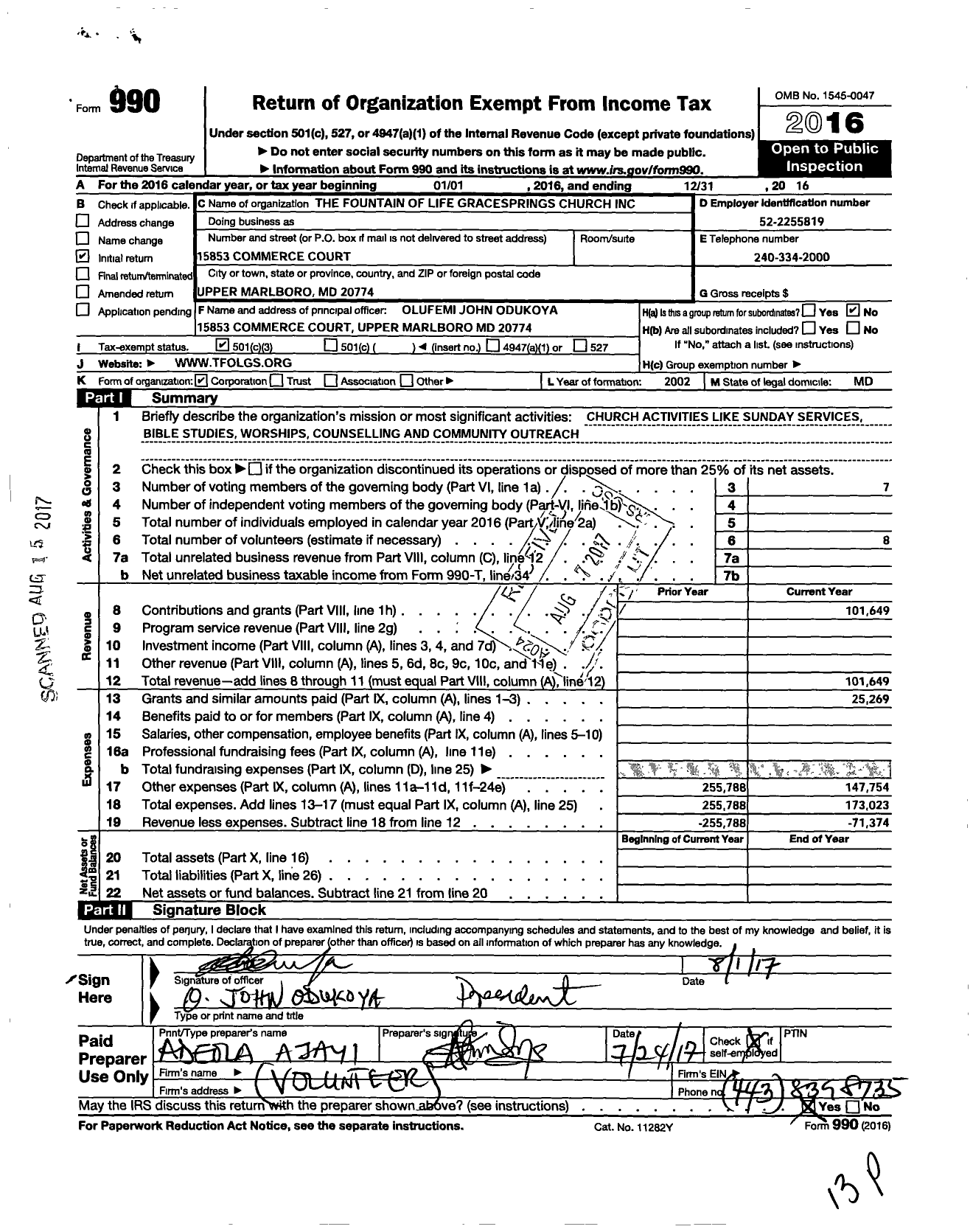 Image of first page of 2016 Form 990 for Fountain of Life Grace Springs Church