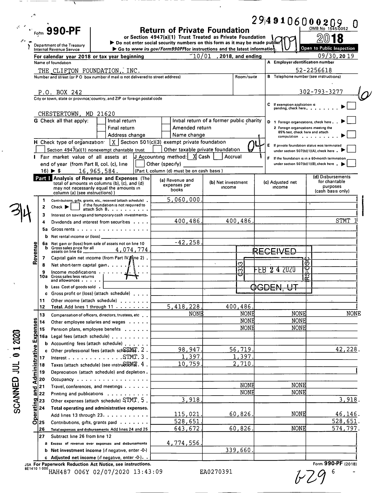 Image of first page of 2018 Form 990PR for The Clifton Foundation