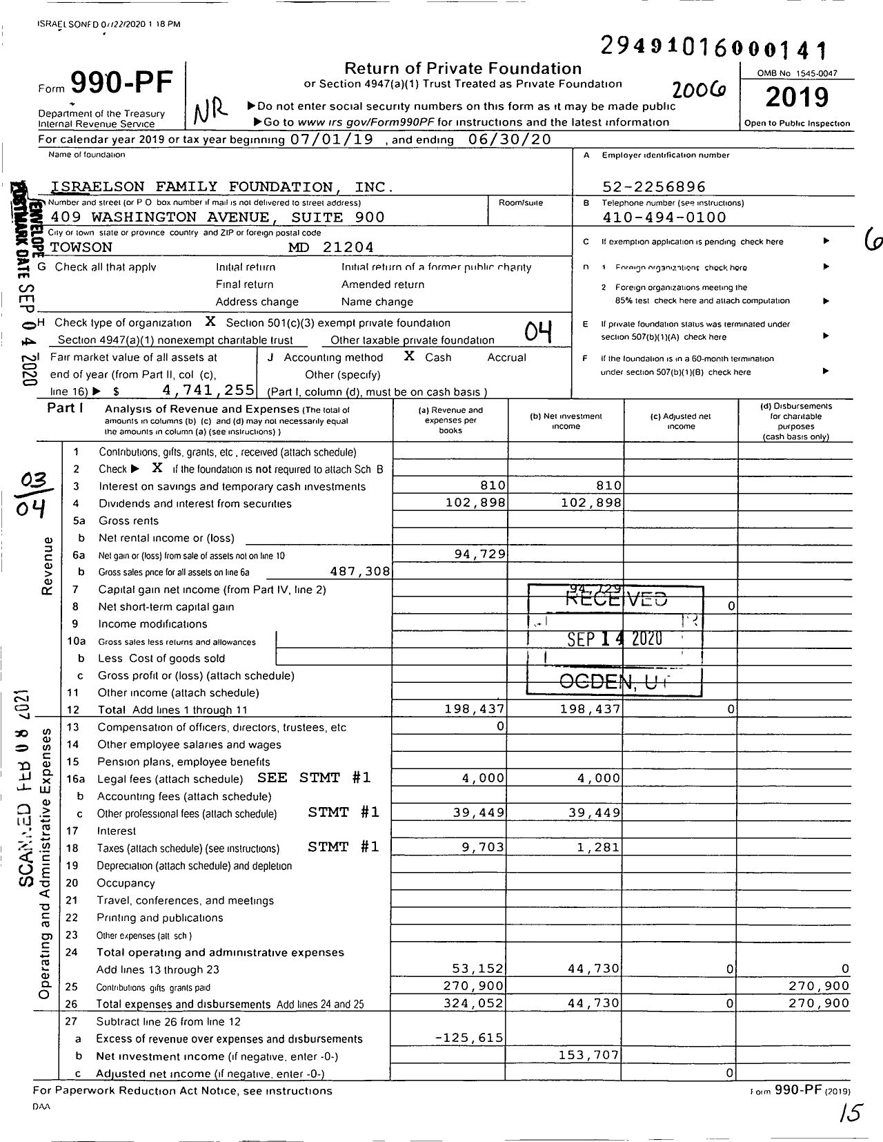 Image of first page of 2019 Form 990PF for Israelson Family Foundation