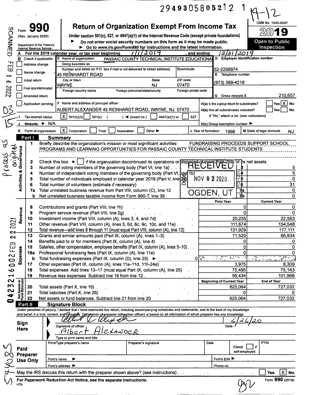 Image of first page of 2019 Form 990 for Passaic County Technical Institute Educational Foundation