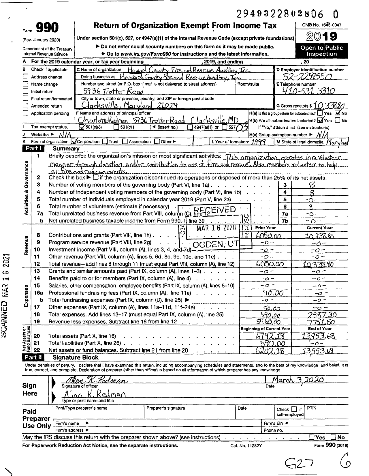 Image of first page of 2019 Form 990 for Howard County Fire and Rescue Auxiliary