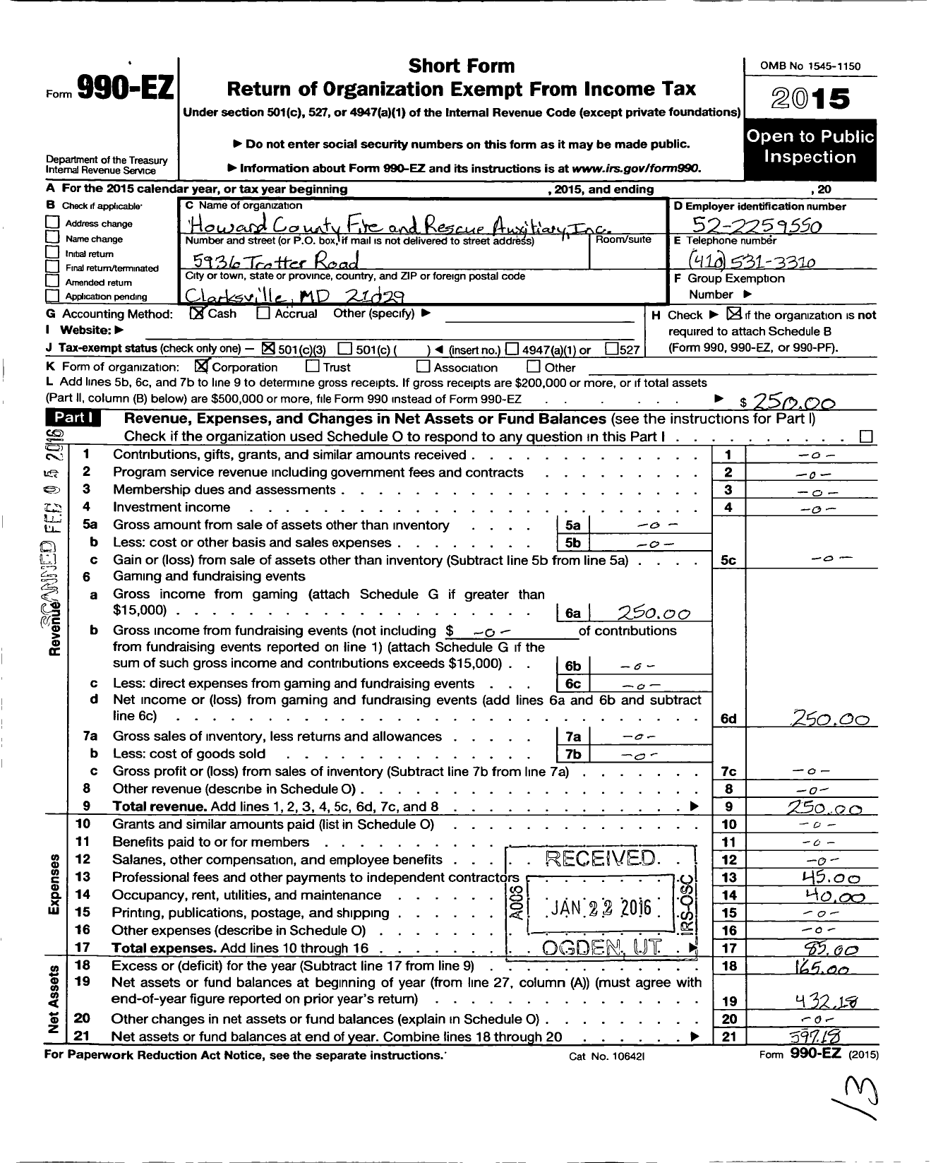Image of first page of 2015 Form 990EZ for Howard County Fire and Rescue Auxiliary