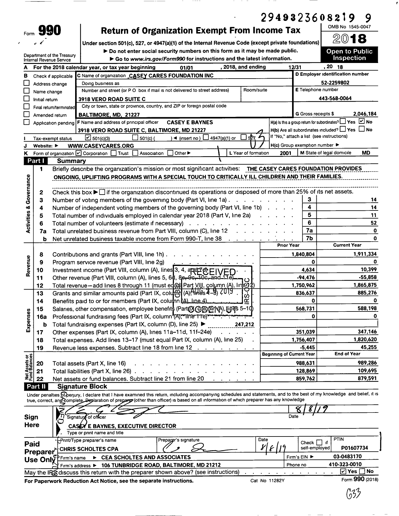 Image of first page of 2018 Form 990 for Casey Cares Foundation