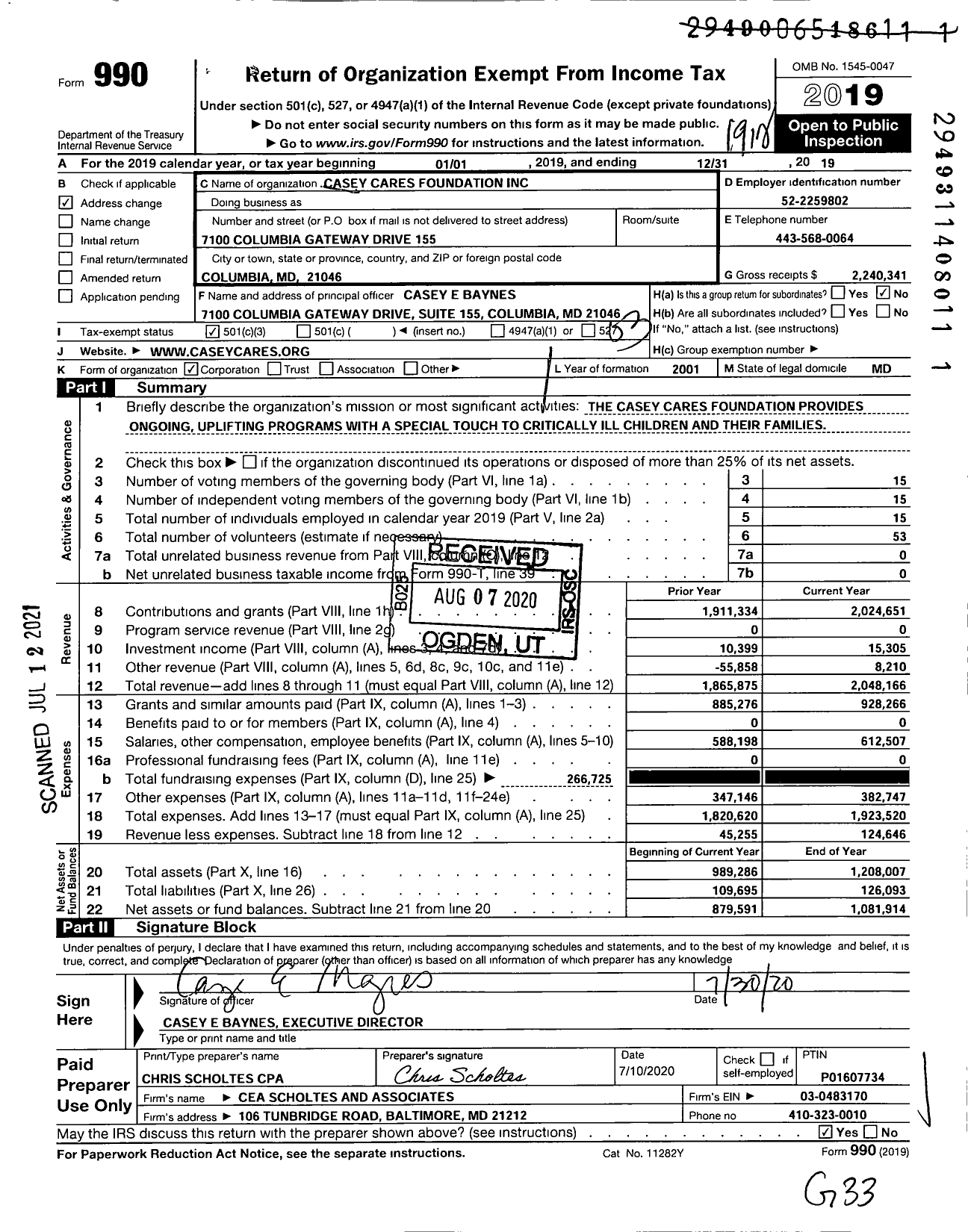 Image of first page of 2019 Form 990 for Casey Cares Foundation